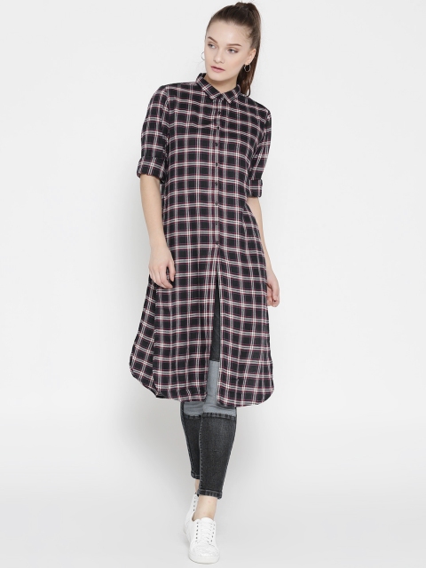 

Ms.Taken Women Navy & Maroon Checked Longline Casual Shirt, Navy blue