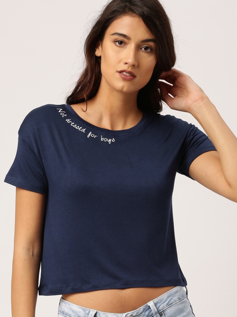 

Ms.Taken Women Navy Blue Solid Round Neck T-shirt