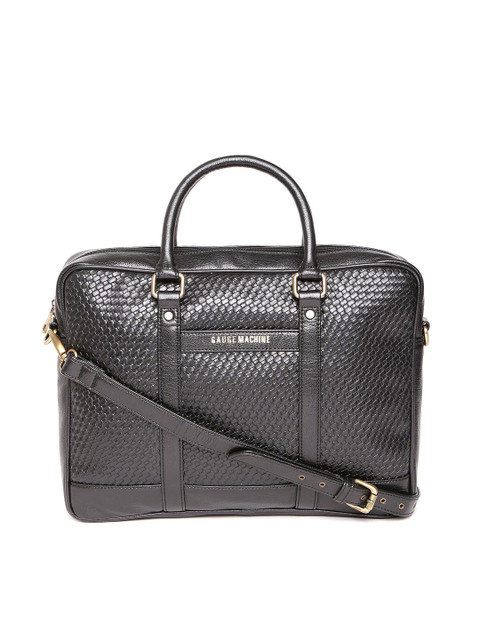 

Gauge Machine Unisex Black Handcrafted Basketweave-Textured Laptop Bag with Sling Strap