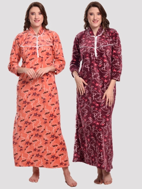 

CIERGE Set of 2 Orange & Maroon Printed Maxi Nightdress