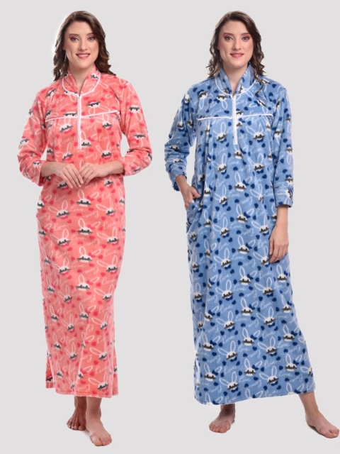 

CIERGE Set of 2 Red & Blue Printed Maxi Nightdress