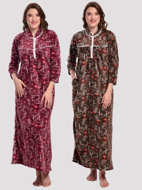 

CIERGE Women Pack Of 2 Burgundy Printed Maxi Nightdress