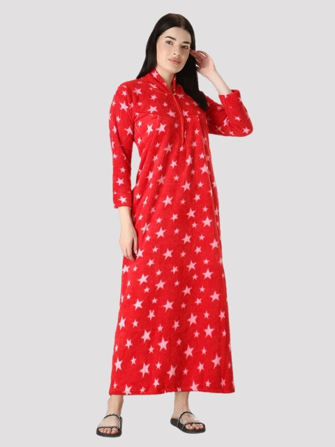 

CIERGE Women Red Star Printed Maxi Nightdress