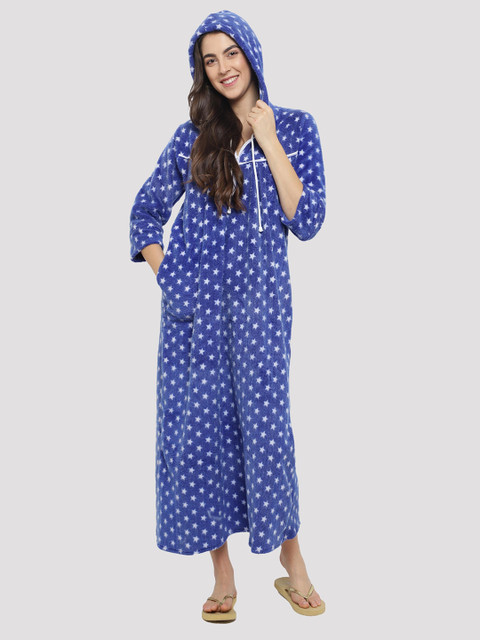 

CIERGE Women Blue Printed Hooded Maxi Nightdress