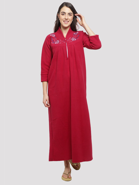 

CIERGE Women Maroon Embroidered Maxi Nightdress