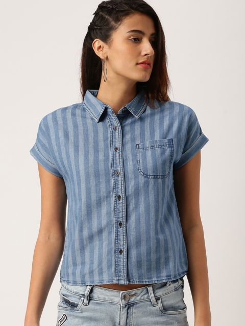 

Ms.Taken Women Blue Regular Fit Striped Casual Shirt