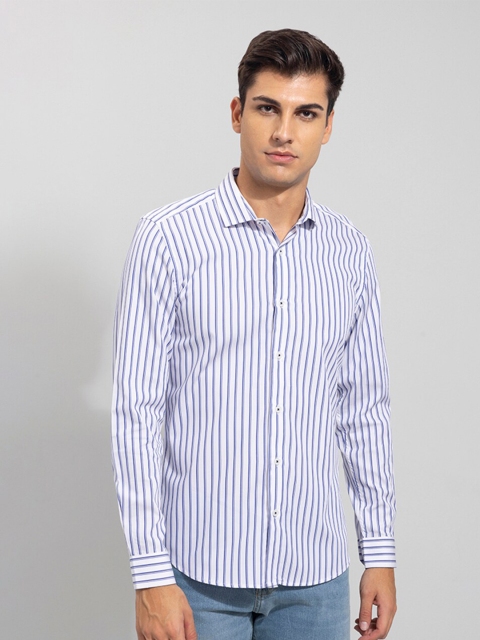 

Snitch Men Blue Striped Cotton Slim Fit Casual Shirt