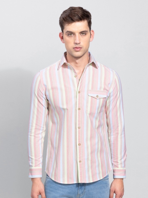 Snitch Men Red Cotton Slim Fit Striped Casual Shirt