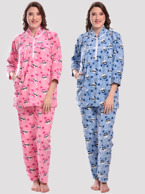 

CIERGE Women Pink & Blue Pack of 2 Printed Nightsuits
