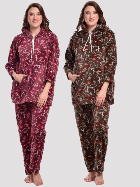 

CIERGE Women Pack of 2 Maroon & Brown Printed Night suit