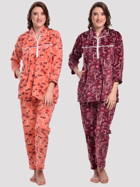 

CIERGE Women Orange & Burgundy Printed Night suit