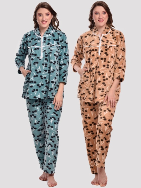 

CIERGE Women Pack Of 2 Green & Brown Printed Night suit