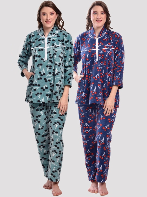 

CIERGE Women Pack Of 2 Blue & Green Printed Night suit