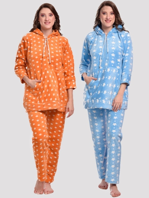 

CIERGE Women Pack Of 2 Orange & Blue Printed Night suit