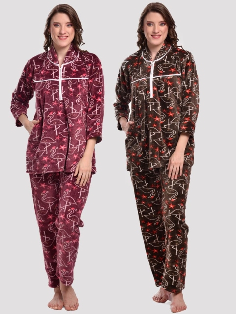 

CIERGE Women Pack of 2 Maroon & Brown Printed Night suit