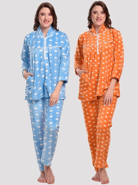 

CIERGE Women Pack Of 2 Blue & Orange Printed Night suit