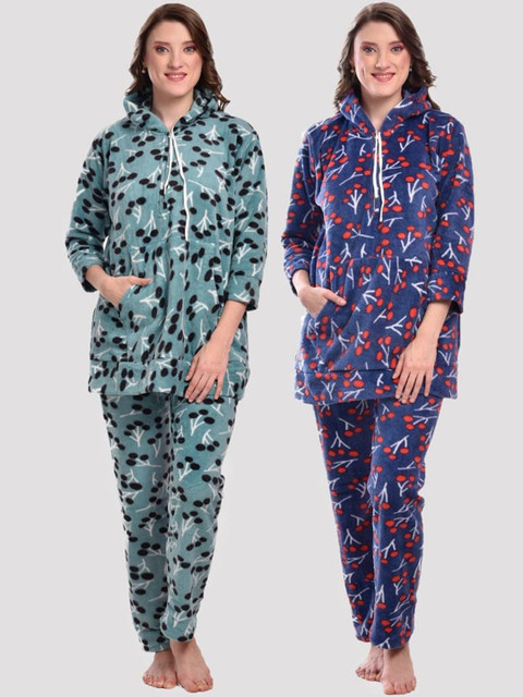 

CIERGE Pack Of 2 Women Green & Blue Printed Night suit