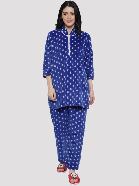 

CIERGE Women Navy Blue & White Printed Night suit