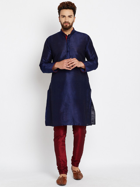 

SOJANYA Men Navy Blue & Maroon Solid Kurta with Churidar