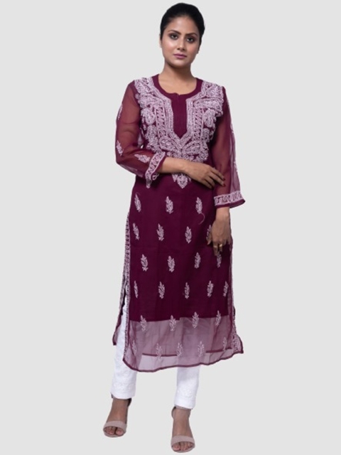 

FAWOMENT Women Burgundy Ethnic Motifs Embroidered Chikankari Georgette Kurta