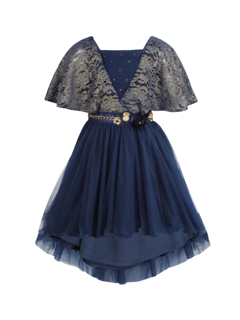 

CUTECUMBER Girls Navy Embellished Fit and Flare High-Low Dress, Navy blue