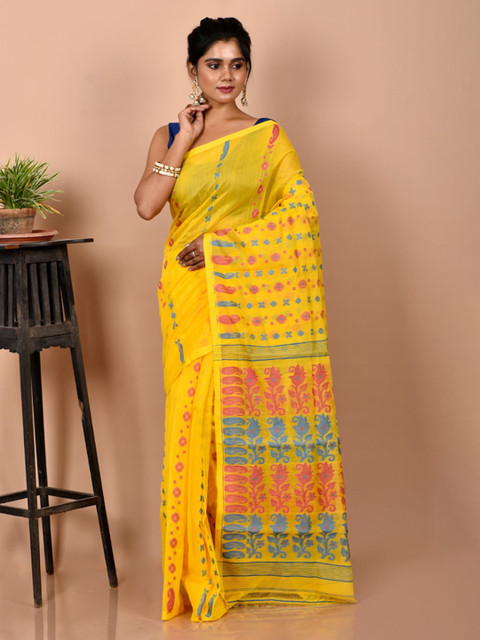 

AllSilks Yellow Ethnic Motifs Pure Cotton Jamdani Saree