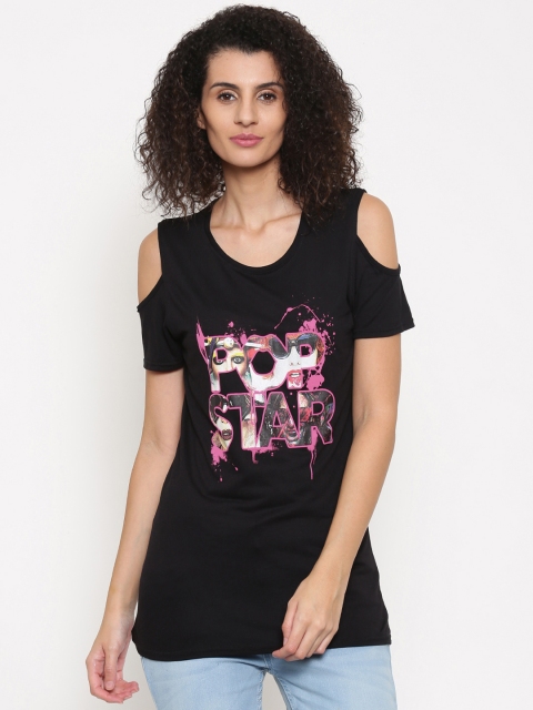 

Jealous 21 Women Black & Pink Printed Cold-Shoulder Top