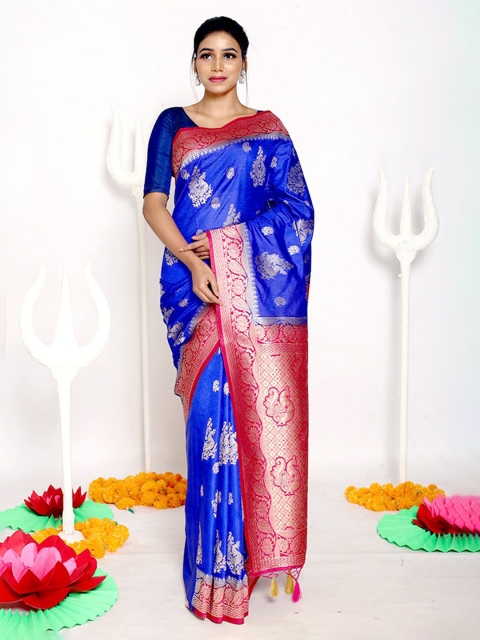 

AllSilks Blue & Red Woven Design Silk Blend Saree