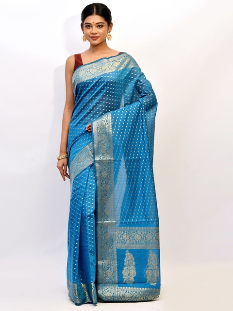 

AllSilks Blue & Golden Ethnic Motifs Silk Blend Kota Saree