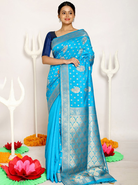 

AllSilks Blue & Golden Ethnic Motifs Silk Blend Saree