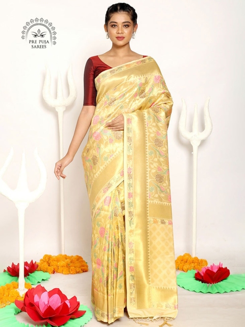 

AllSilks Cream-Coloured Floral Zari Silk Blend Saree