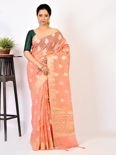 

AllSilks Peach-Coloured & Gold-Toned Ethnic Motifs Silk Blend Saree