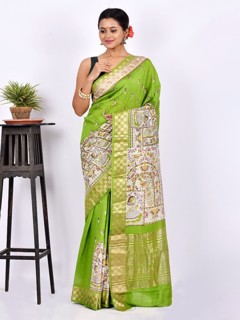 

AllSilks Green Ethnic Motifs Zari Silk Blend Saree