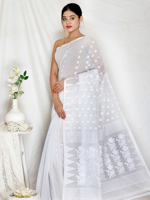 

AllSilks White Woven Design Taant Saree