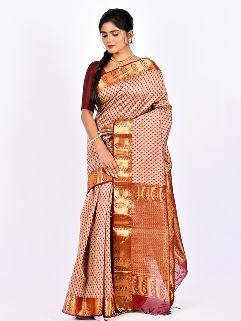 

AllSilks Cream-Coloured & Red Ethnic Motifs Saree