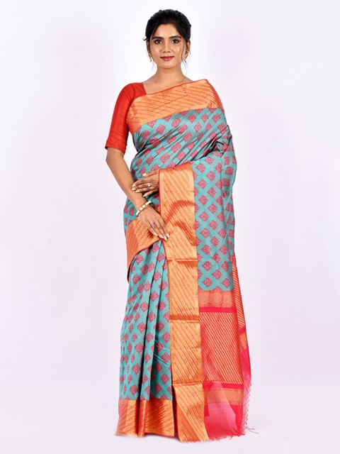 

AllSilks Sea Green & Red Ethnic Motifs Zari Saree