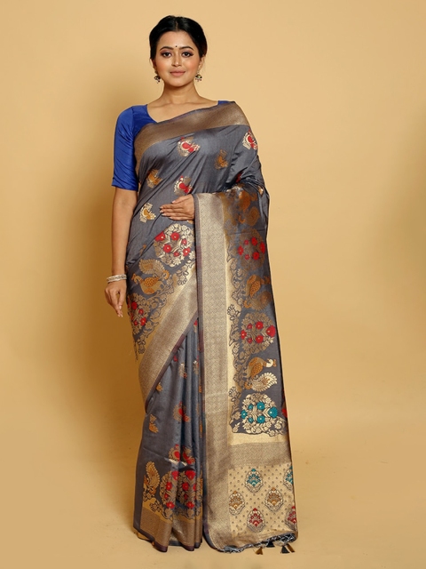 

AllSilks Grey & Gold-Toned Ethnic Motifs Silk Blend Saree