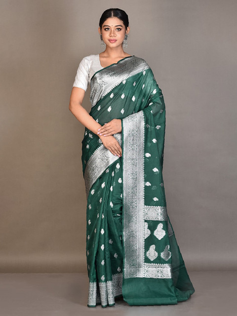 

AllSilks Green & Silver-Toned Ethnic Motifs Zari Pure Georgette Saree