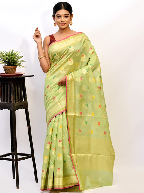 

AllSilks Green Floral Silk Blend Saree