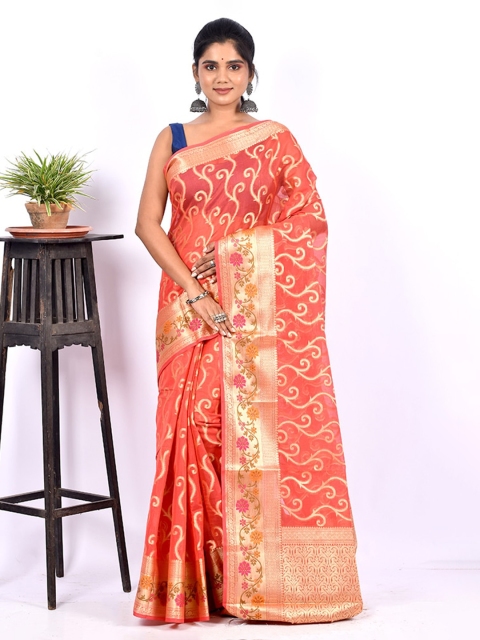 

AllSilks Orange & Gold-Toned Ethnic Motifs Silk Blend Kota Saree