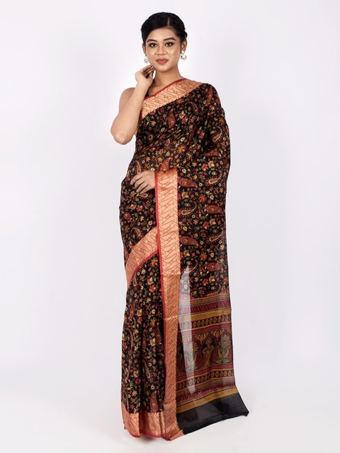 

AllSilks Black & Red Paisley Silk Blend Saree