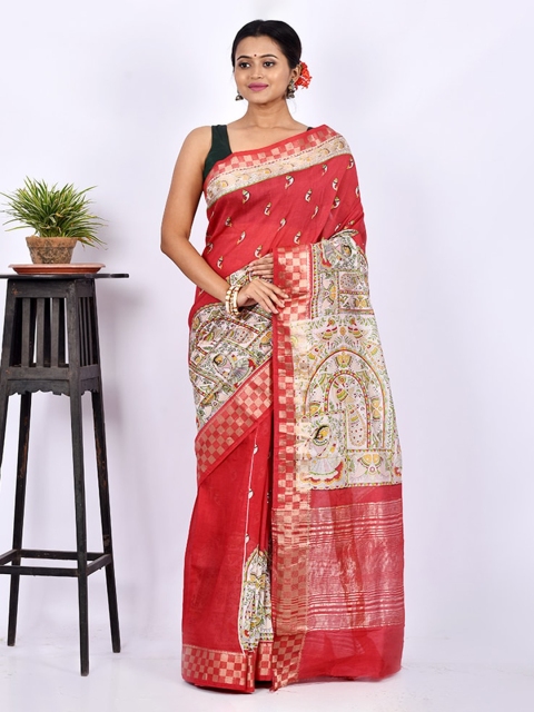 

AllSilks Red Ethnic Motifs Zari Silk Blend Saree