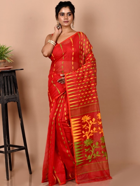 

AllSilks Red & Yellow Ethnic Motifs Jamdani Saree