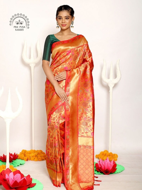 

AllSilks Pink & Gold-Toned Woven Design Zari Silk Blend Saree
