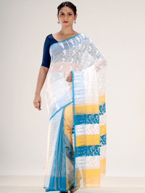 

AllSilks White & Blue Ethnic Motifs Jamdani Saree