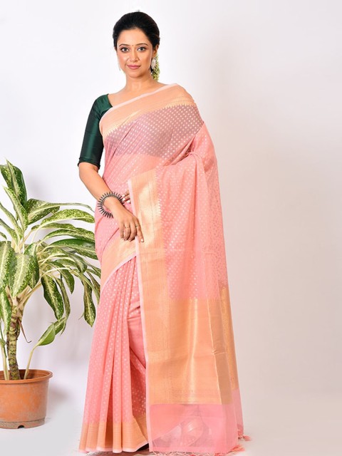 

AllSilks Pink & Gold-Toned Ethnic Motifs Zari Saree