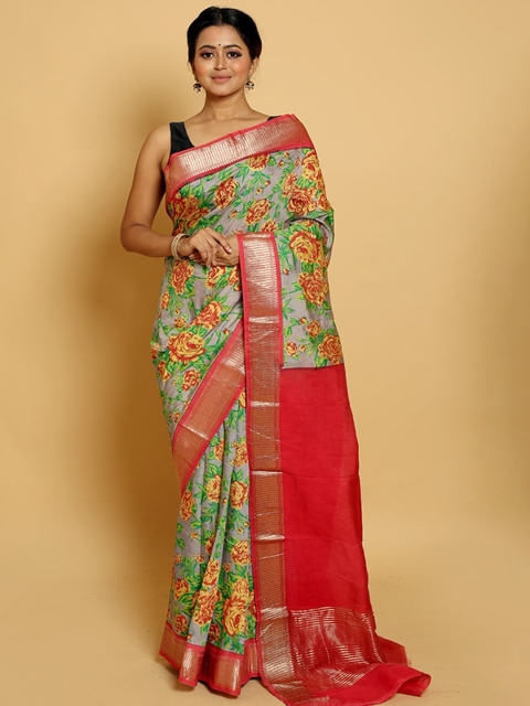 

AllSilks Green & Red Floral Silk Blend Saree