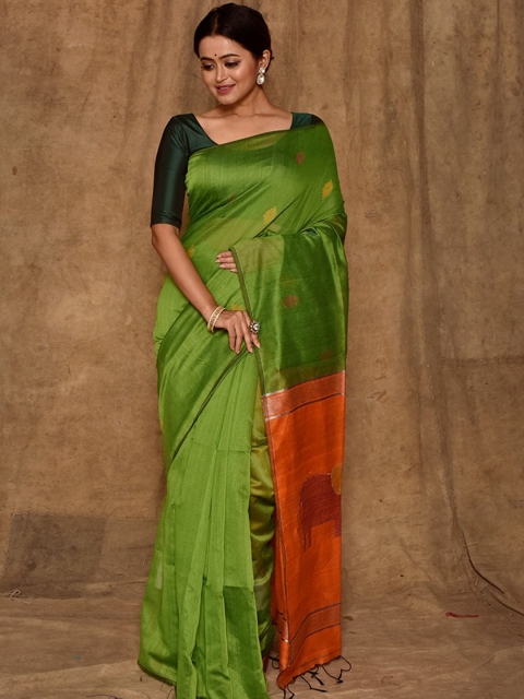 

AllSilks Green & Orange Ethnic Motifs Saree