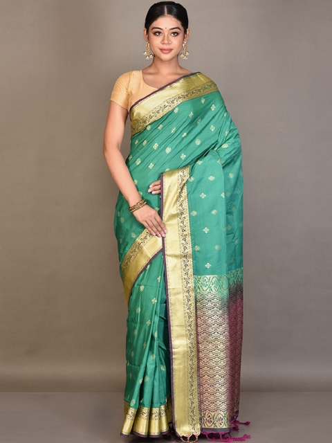 

AllSilks Green & Golden Ethnic Motifs Silk Blend Kanjeevaram Saree