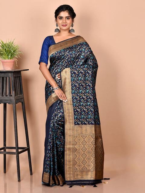 

AllSilks Navy Blue & Gold-Toned Ethnic Motifs Silk Blend Saree